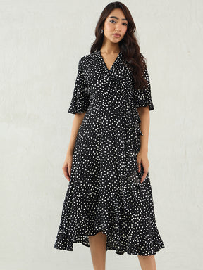 Black Polka Wrap Midi Dress