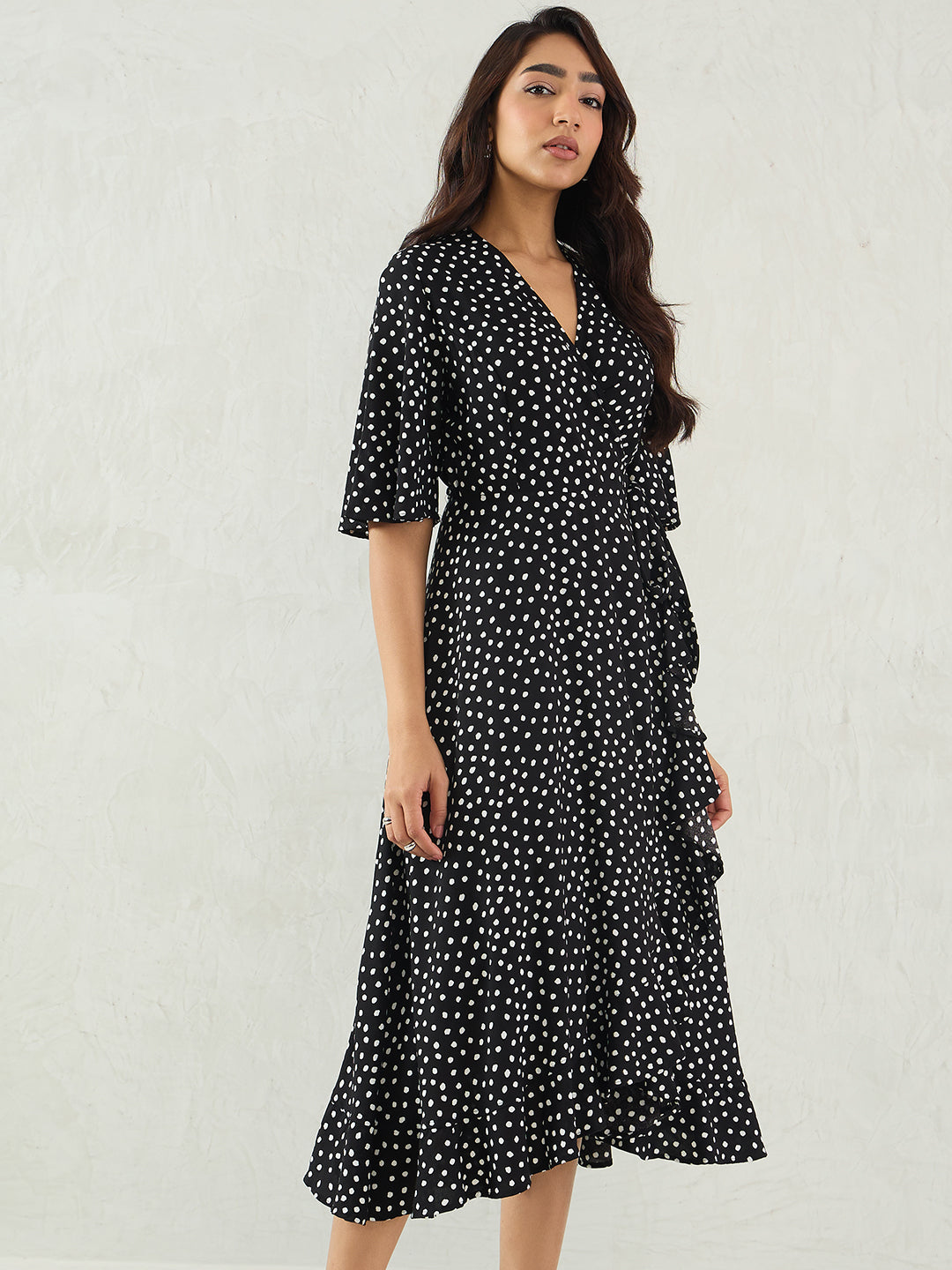 Black Polka Wrap Midi Dress