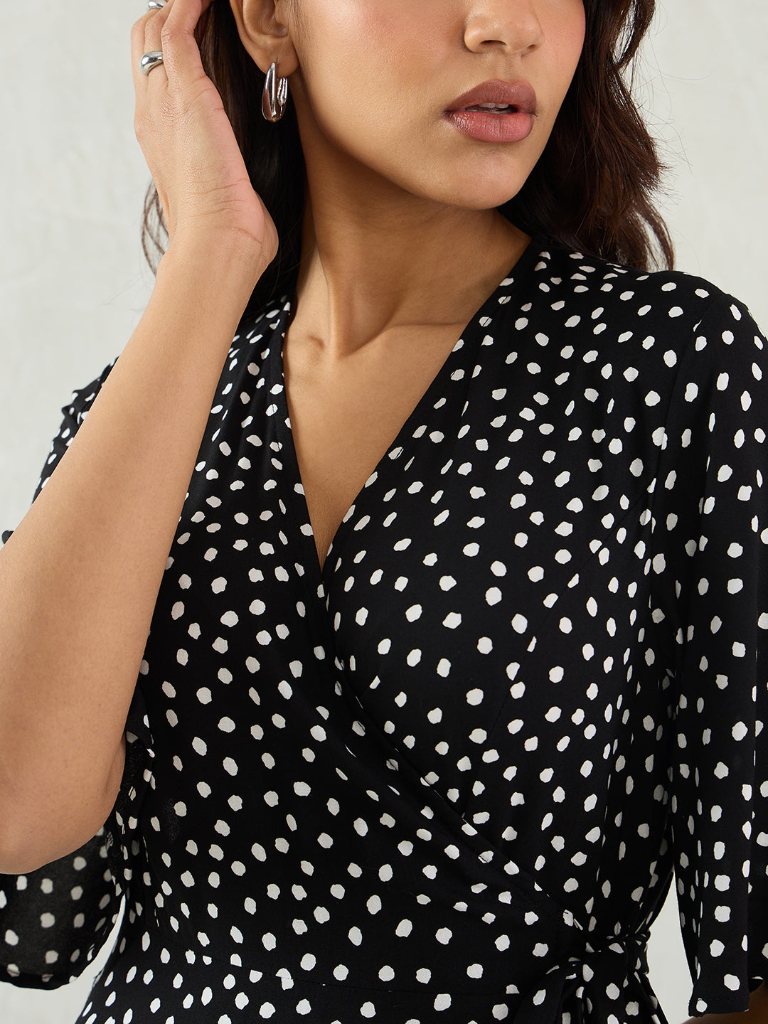 Black Polka Wrap Midi Dress