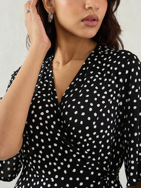 Black Polka Wrap Midi Dress