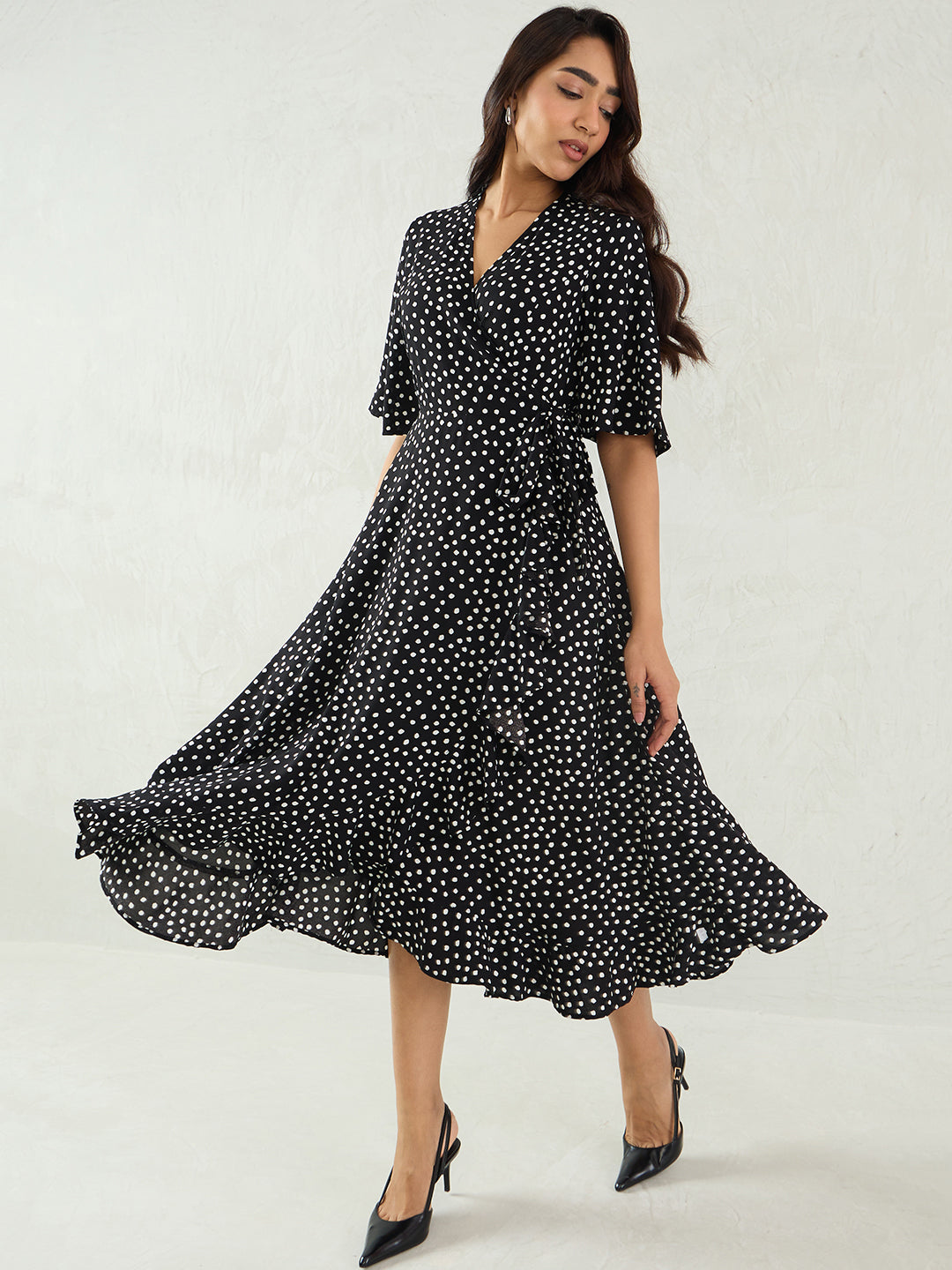 Black Polka Wrap Midi Dress