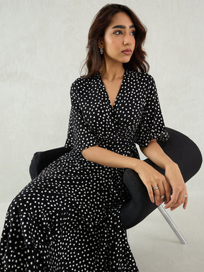 Black Polka Wrap Midi Dress