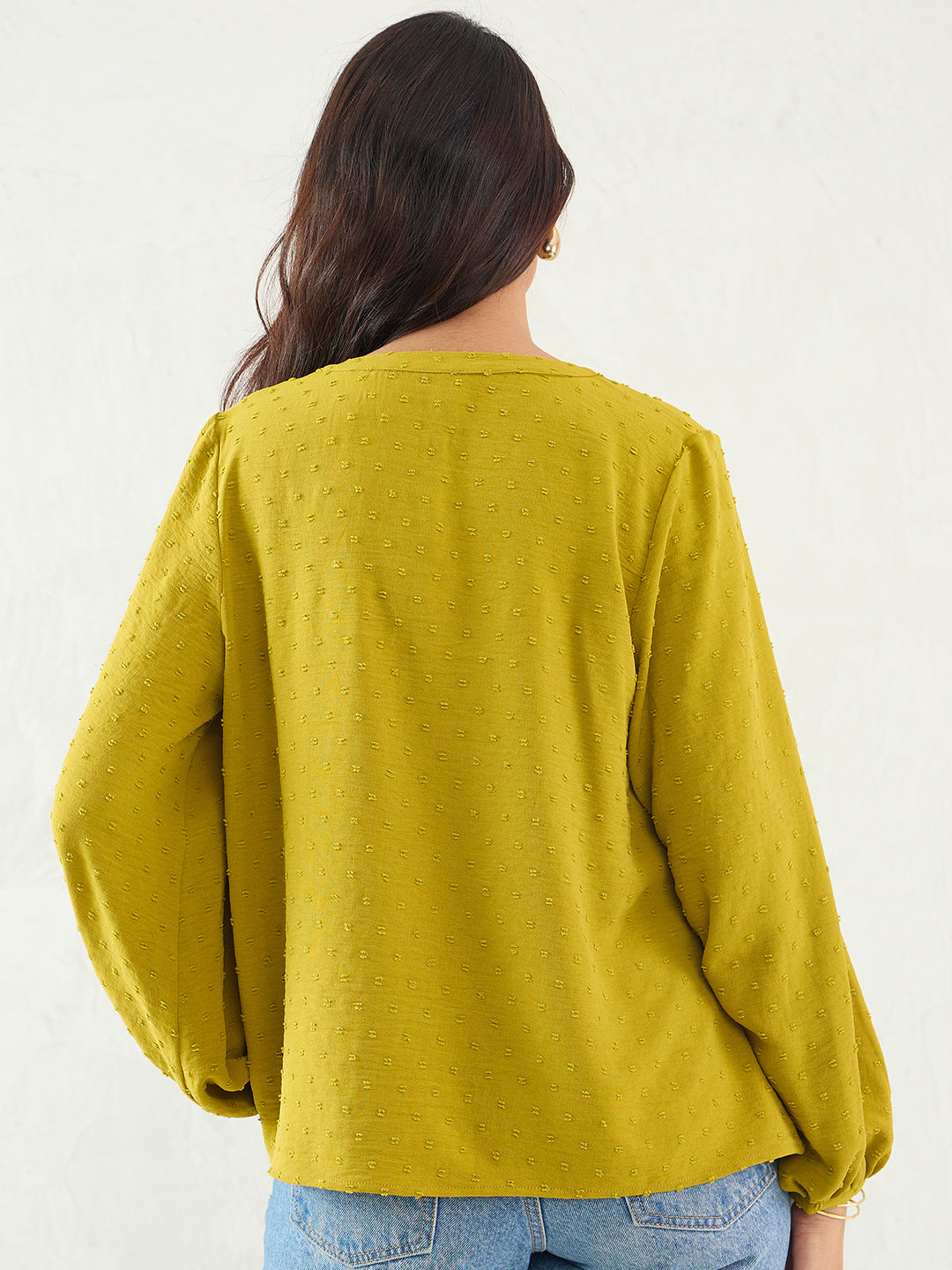 Citrine Green Dobby V-Neck Top