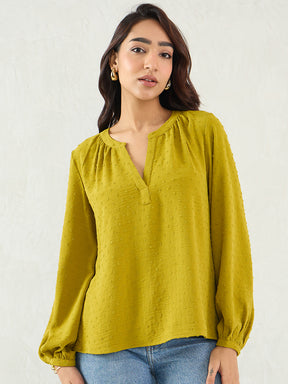 Citrine Green Dobby V-Neck Top