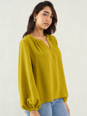 Citrine Green Dobby V-Neck Top