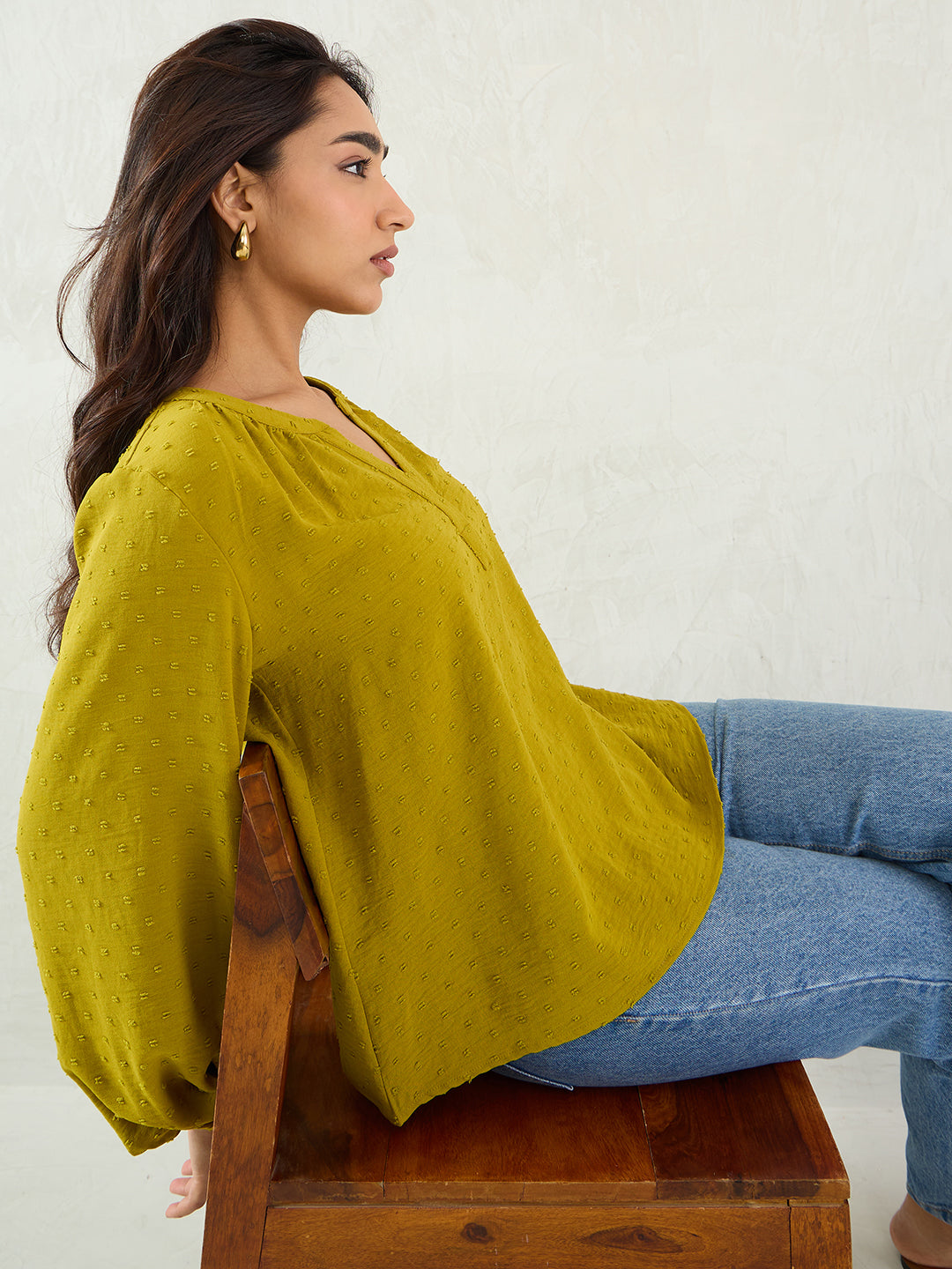 Citrine Green Dobby V-Neck Top