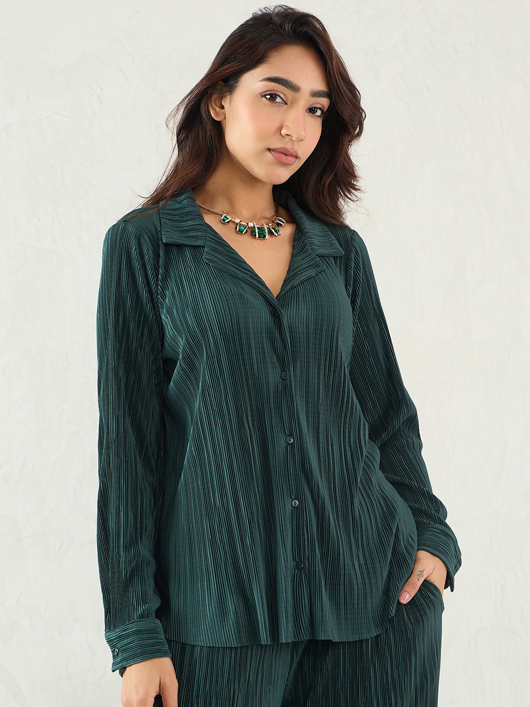 Green Pleated Button Down Shirt