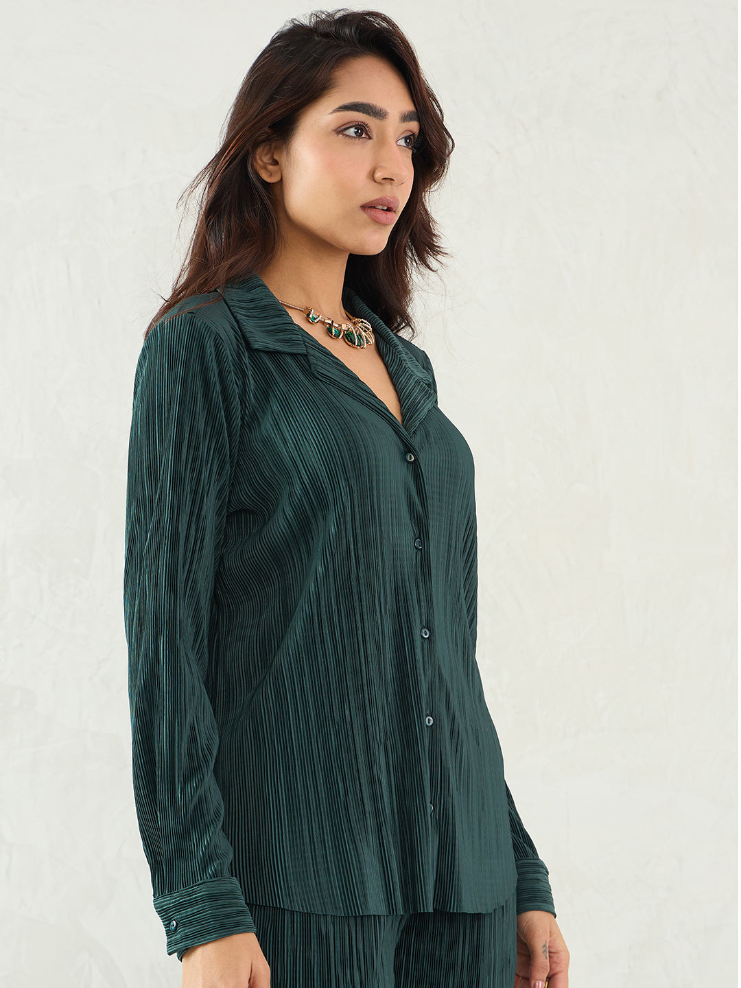 Green Pleated Button Down Shirt