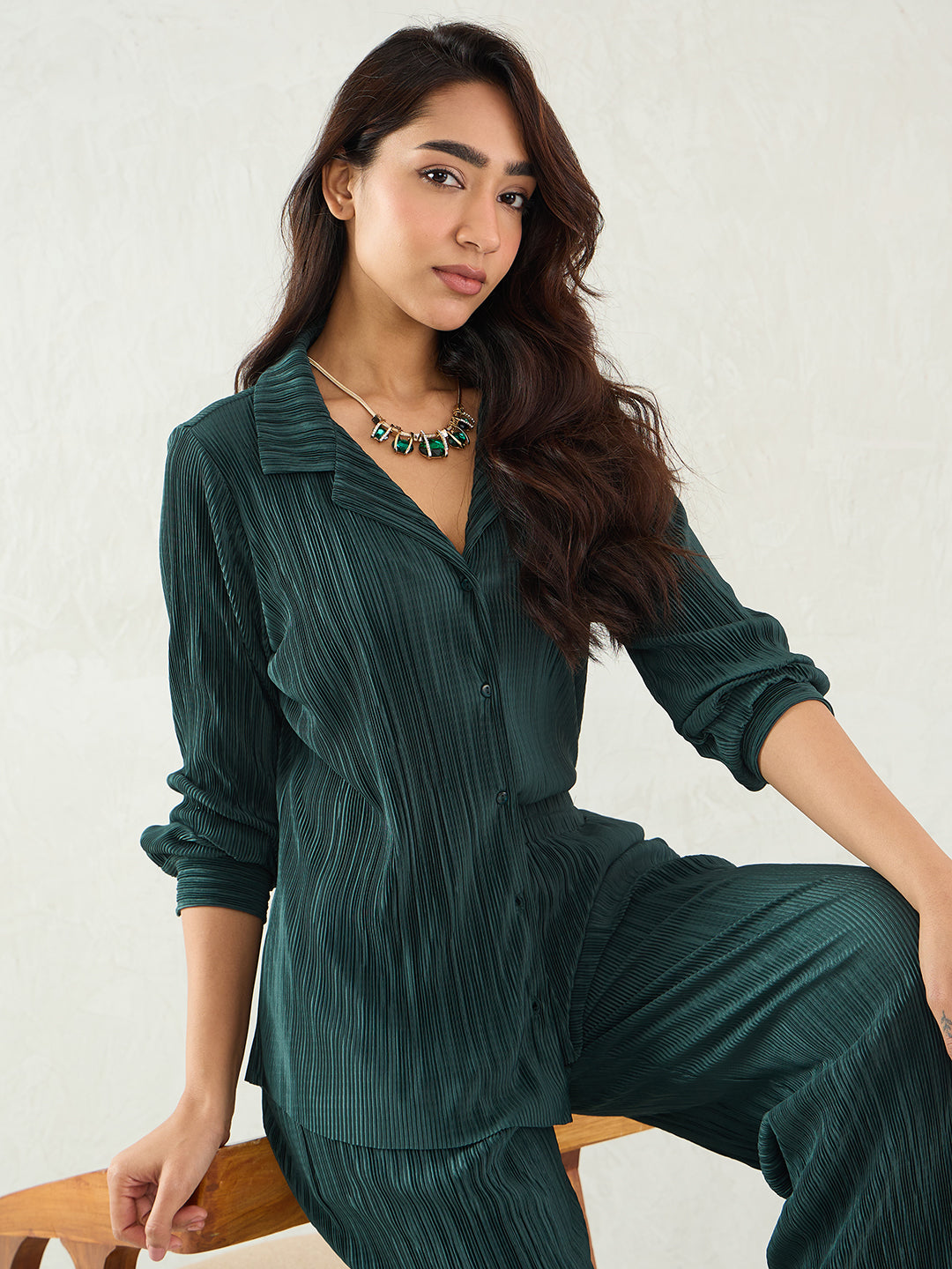 Green Pleated Button Down Shirt