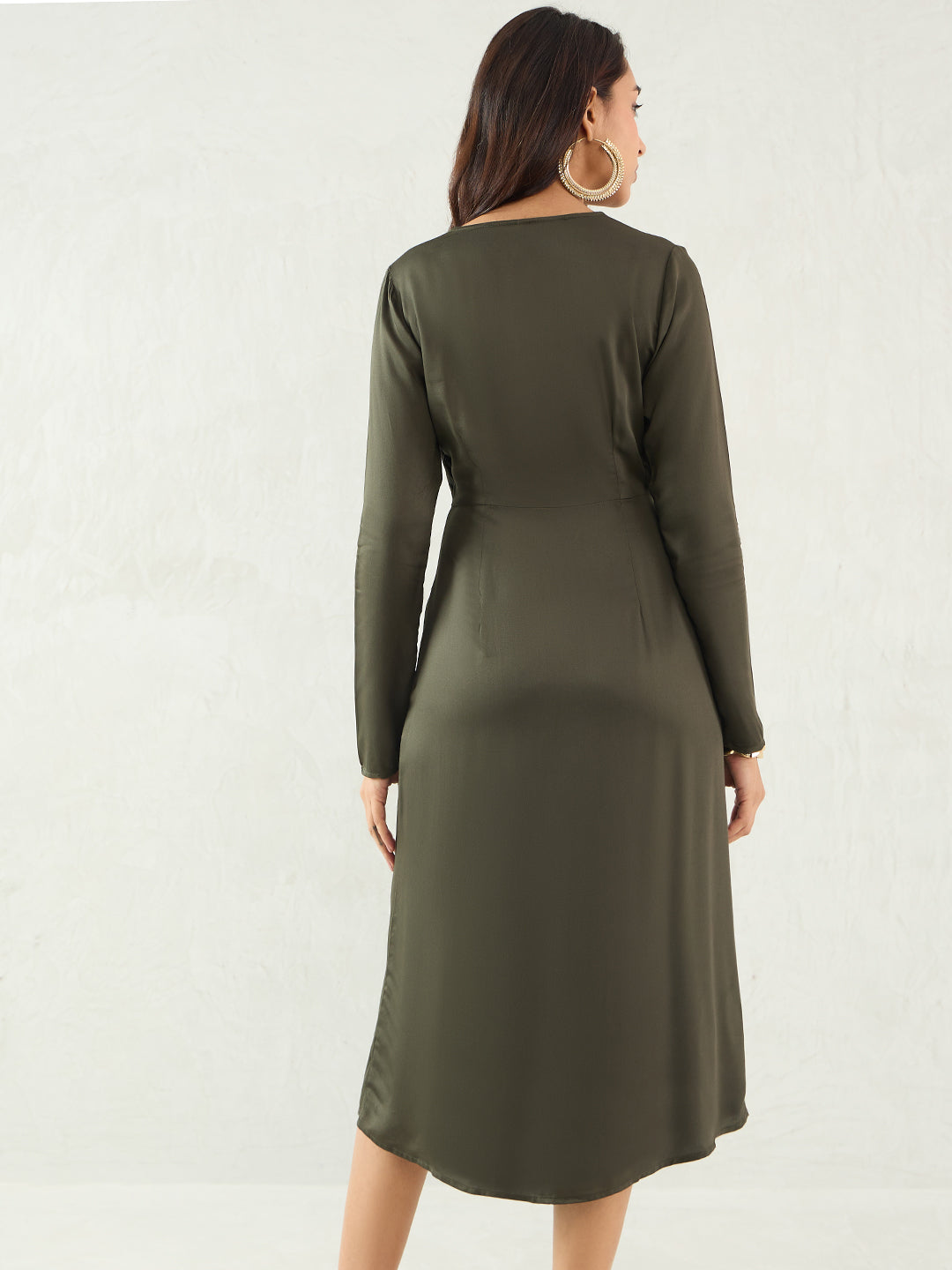 Olive Front Twist Detail Midi Dress