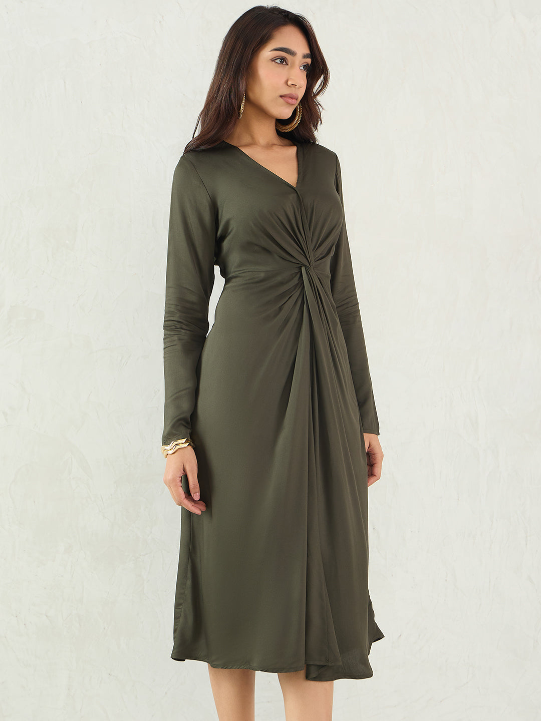 Olive Front Twist Detail Midi Dress