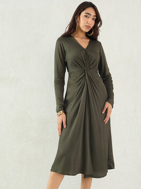 Olive Front Twist Detail Midi Dress