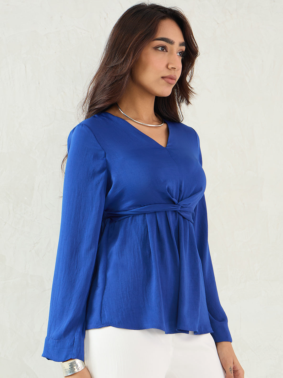 Royal Blue Front Twist Detail Satin Top