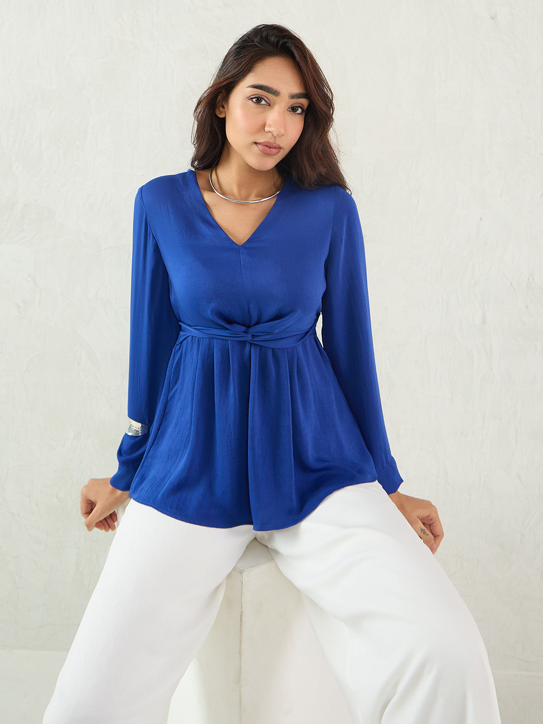 Royal Blue Front Twist Detail Satin Top