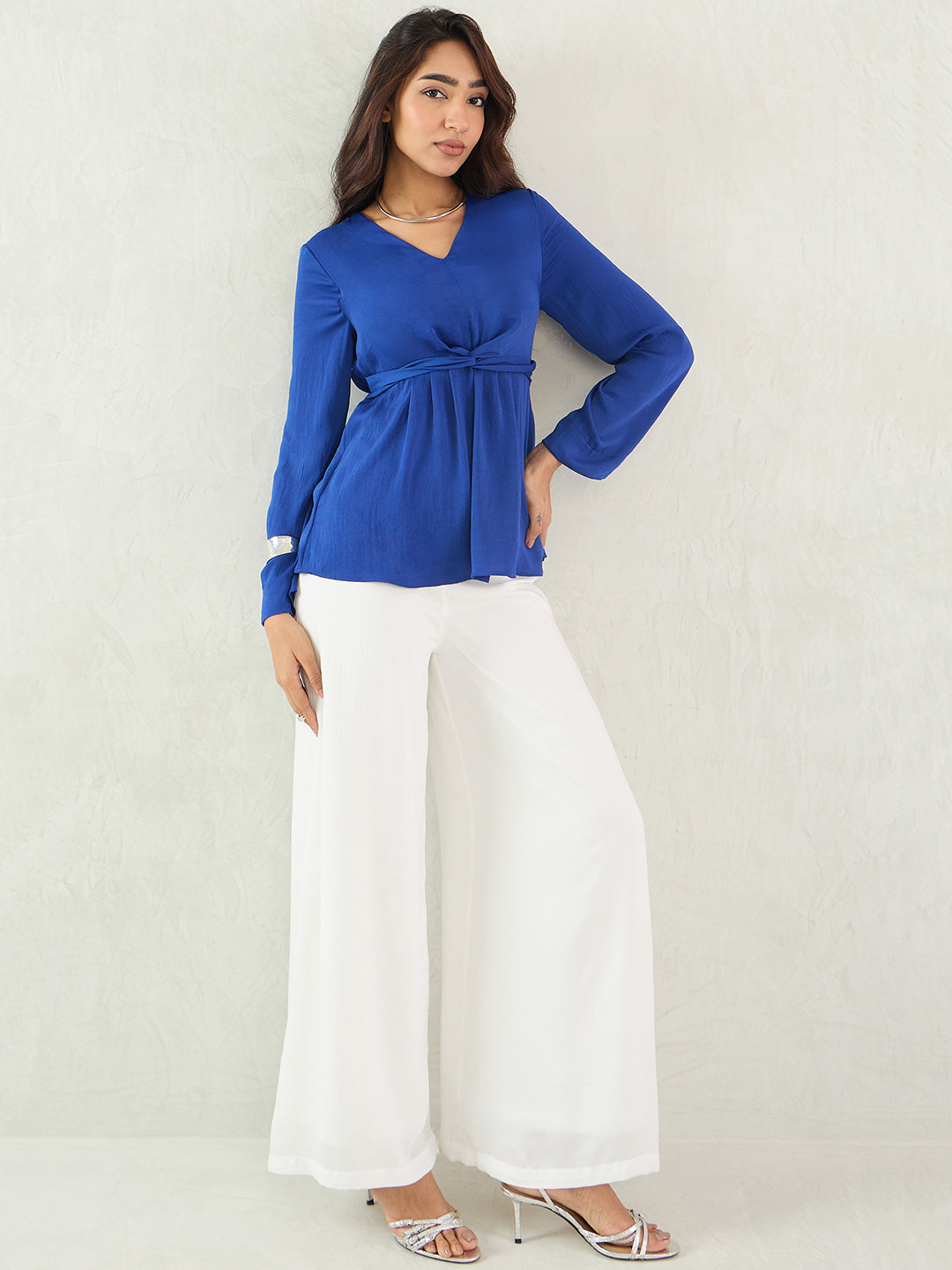 Royal Blue Front Twist Detail Satin Top