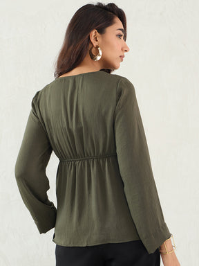 Olive Front Twist Detail Satin Top