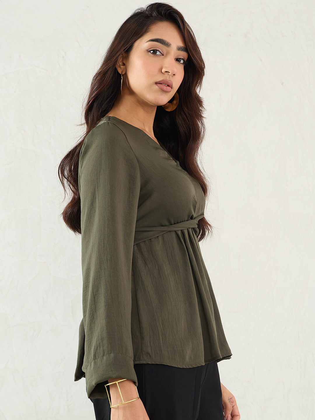 Olive Front Twist Detail Satin Top