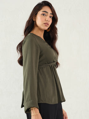 Olive Front Twist Detail Satin Top