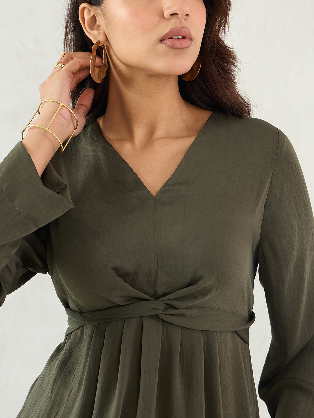 Olive Front Twist Detail Satin Top