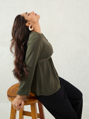 Olive Front Twist Detail Satin Top