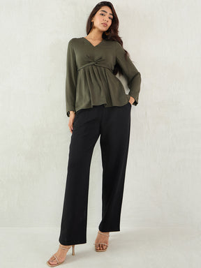 Olive Front Twist Detail Satin Top