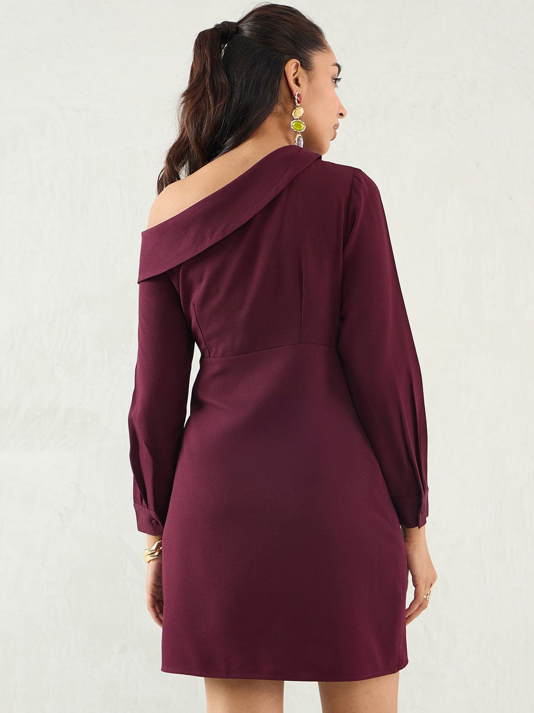 Wine One Shoulder Wrap Mini Dress