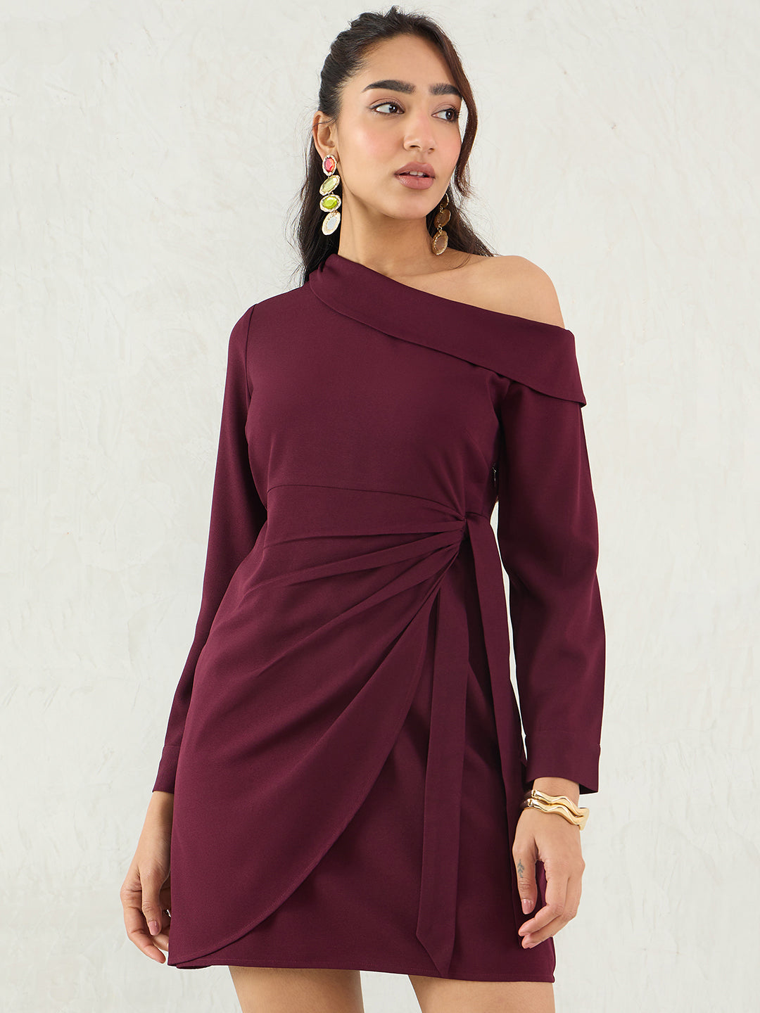 Wine One Shoulder Wrap Mini Dress