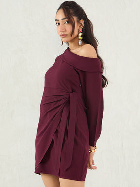 Wine One Shoulder Wrap Mini Dress