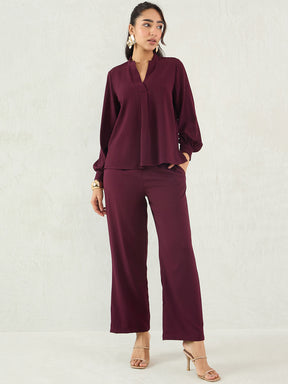 Wine V-Neck Co-Ord Set