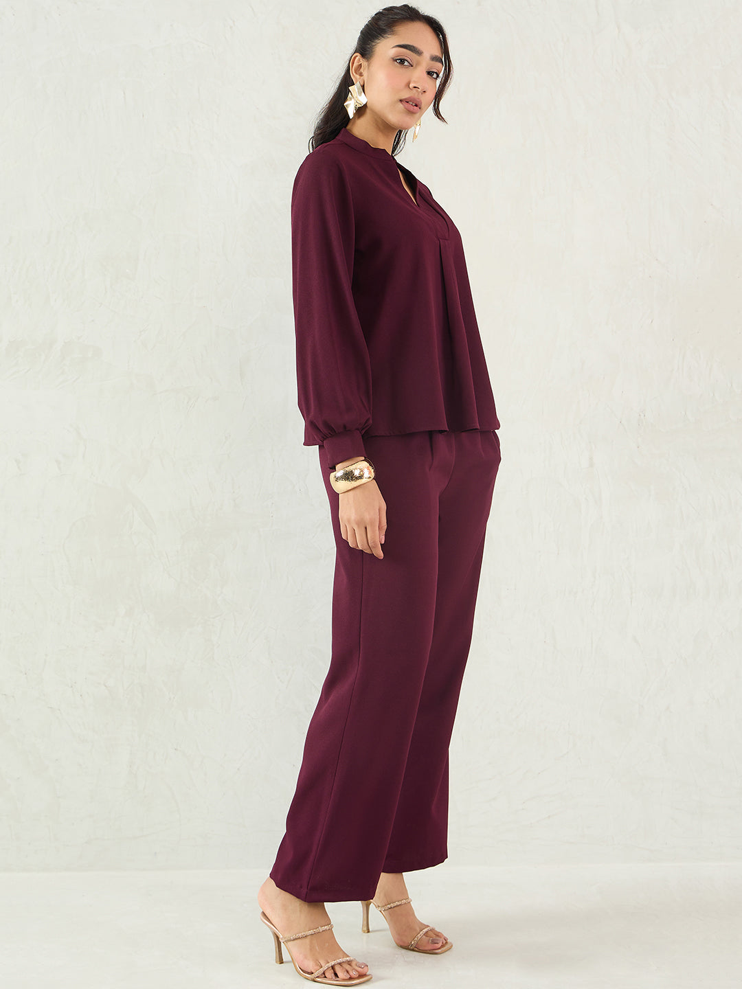 Wine V-Neck Co-Ord Set