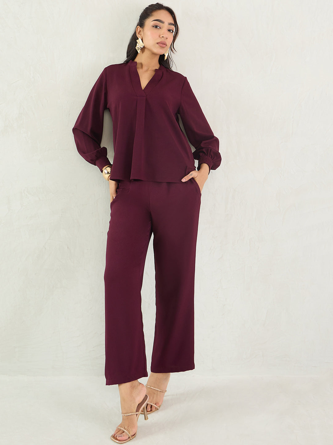 Wine V-Neck Co-Ord Set