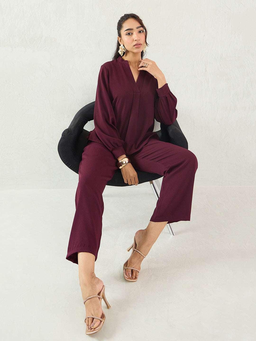 Wine V-Neck Co-Ord Set