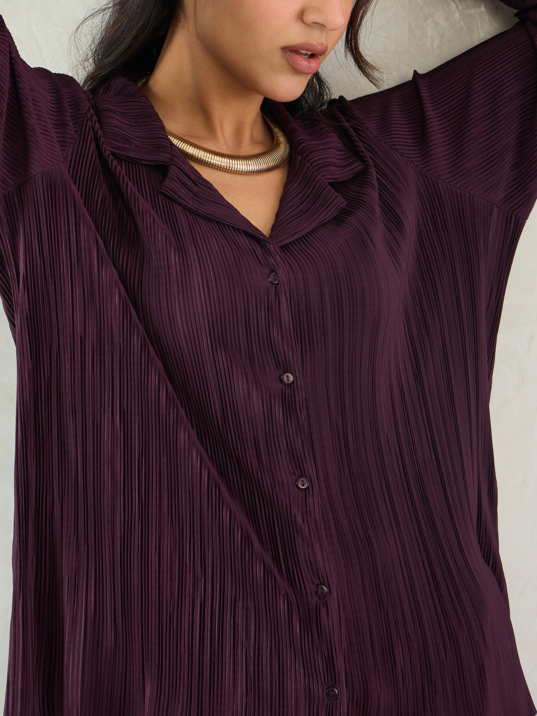 Wine Pleated Button Down Shirt