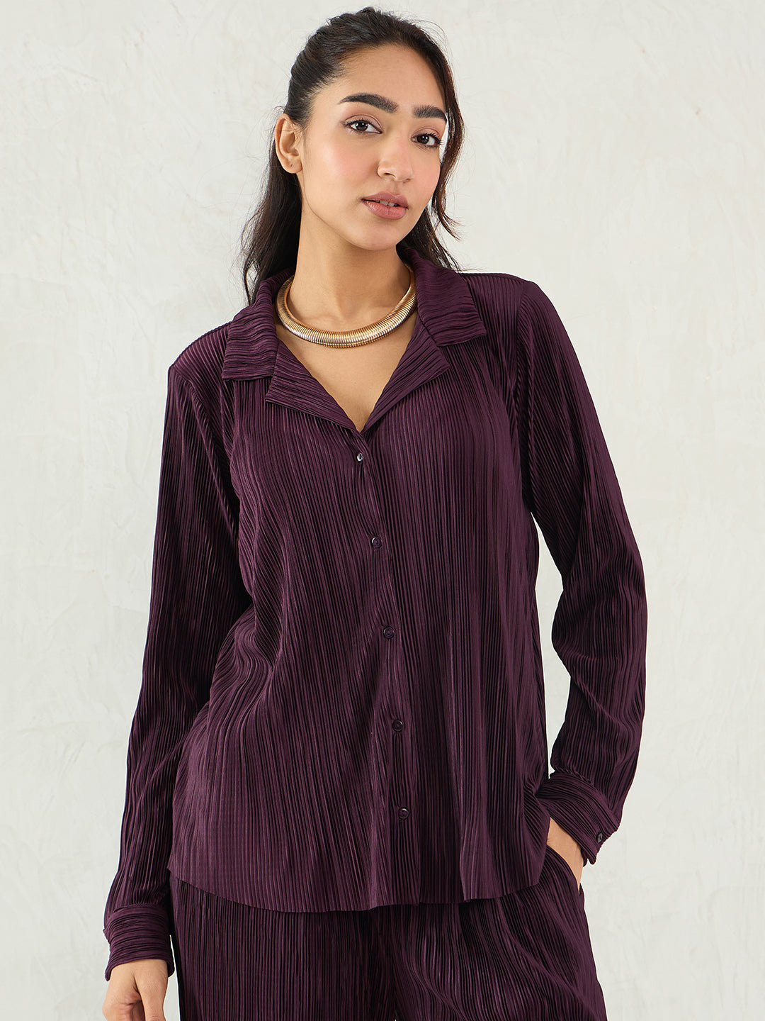 Wine Pleated Button Down Shirt