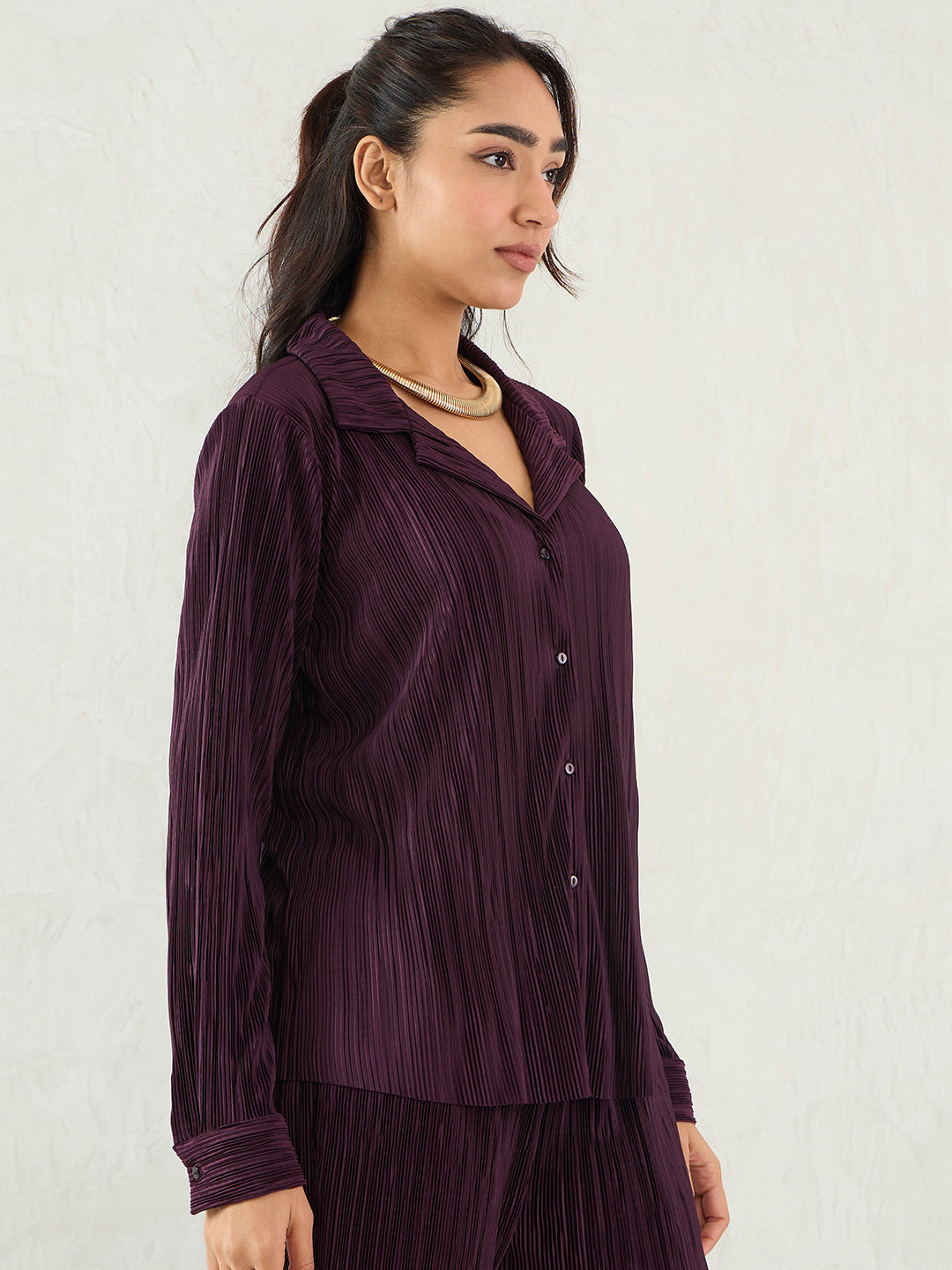 Wine Pleated Button Down Shirt