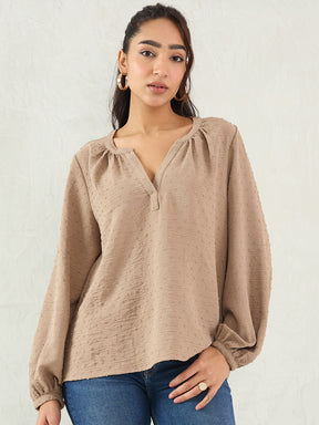 Beige Dobby V-Neck Top