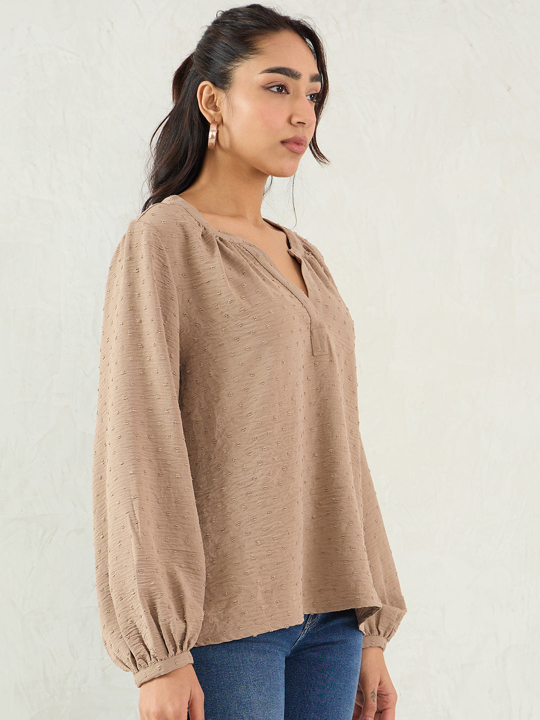 Beige Dobby V-Neck Top