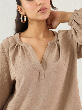 Beige Dobby V-Neck Top