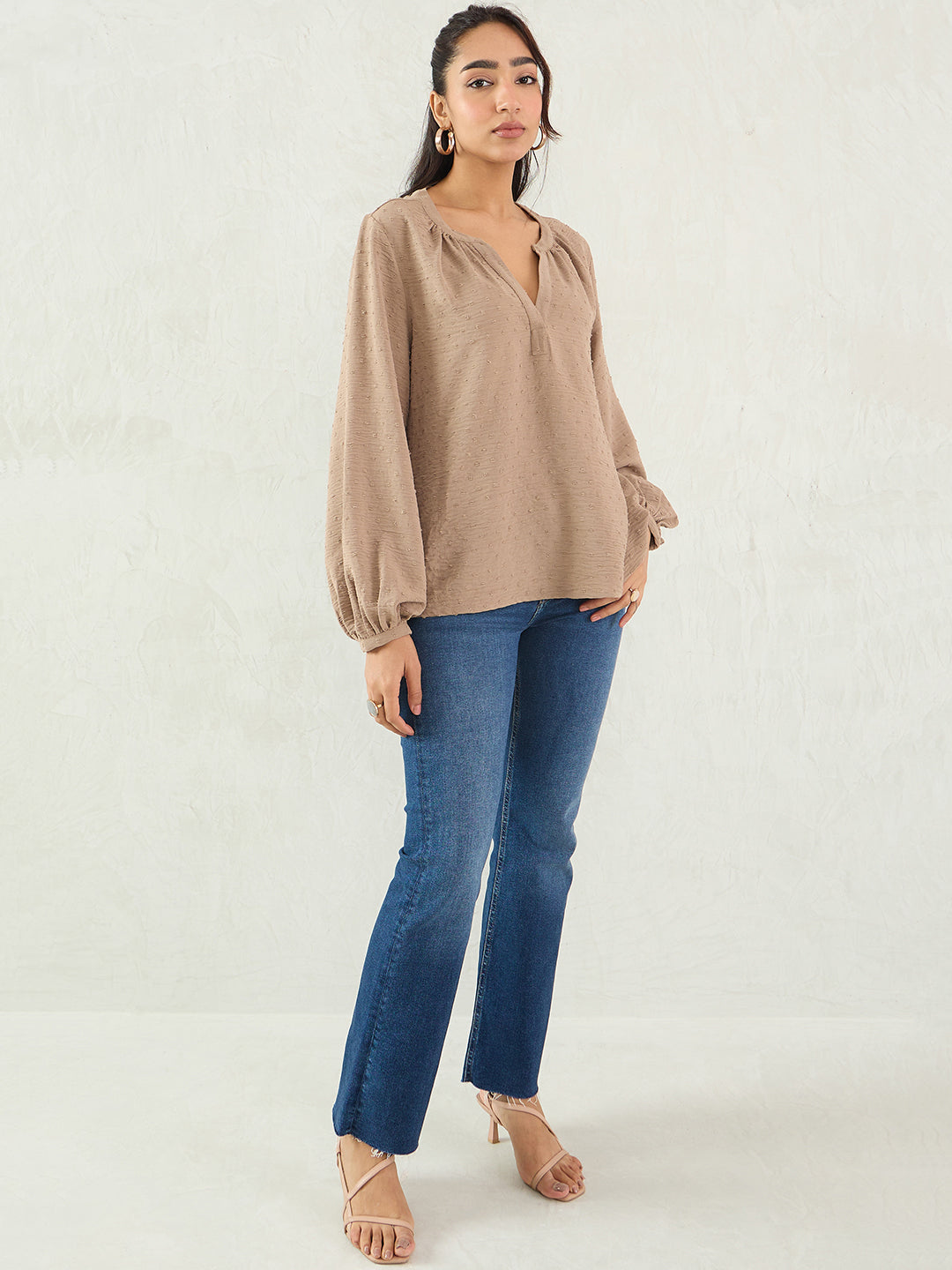 Beige Dobby V-Neck Top