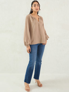 Beige Dobby V-Neck Top