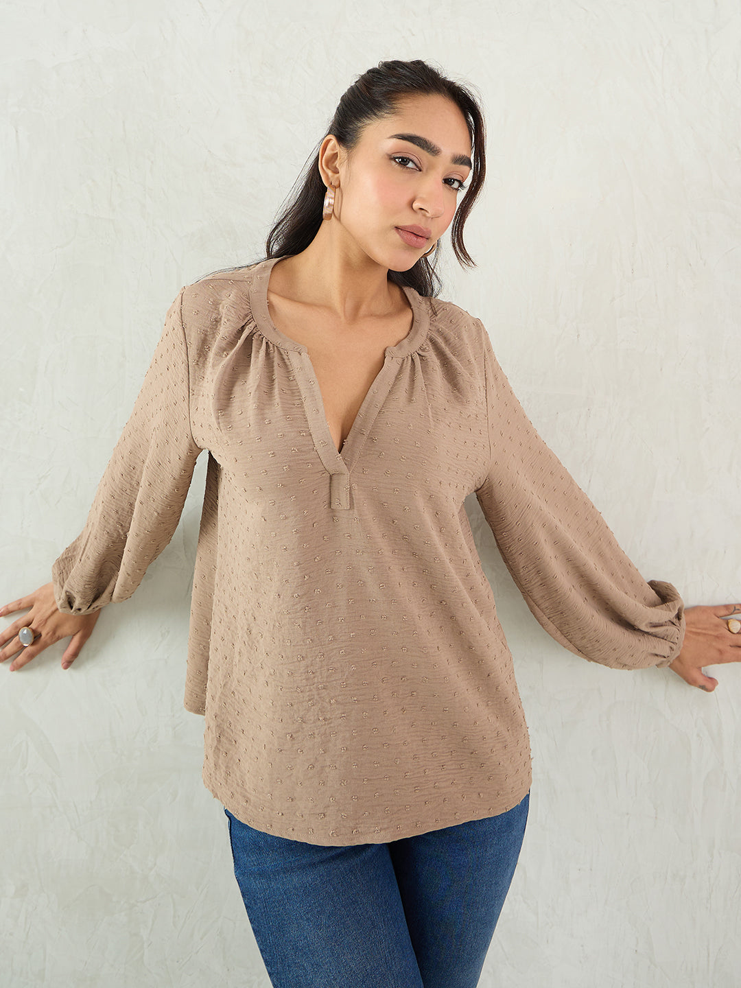 Beige Dobby V-Neck Top