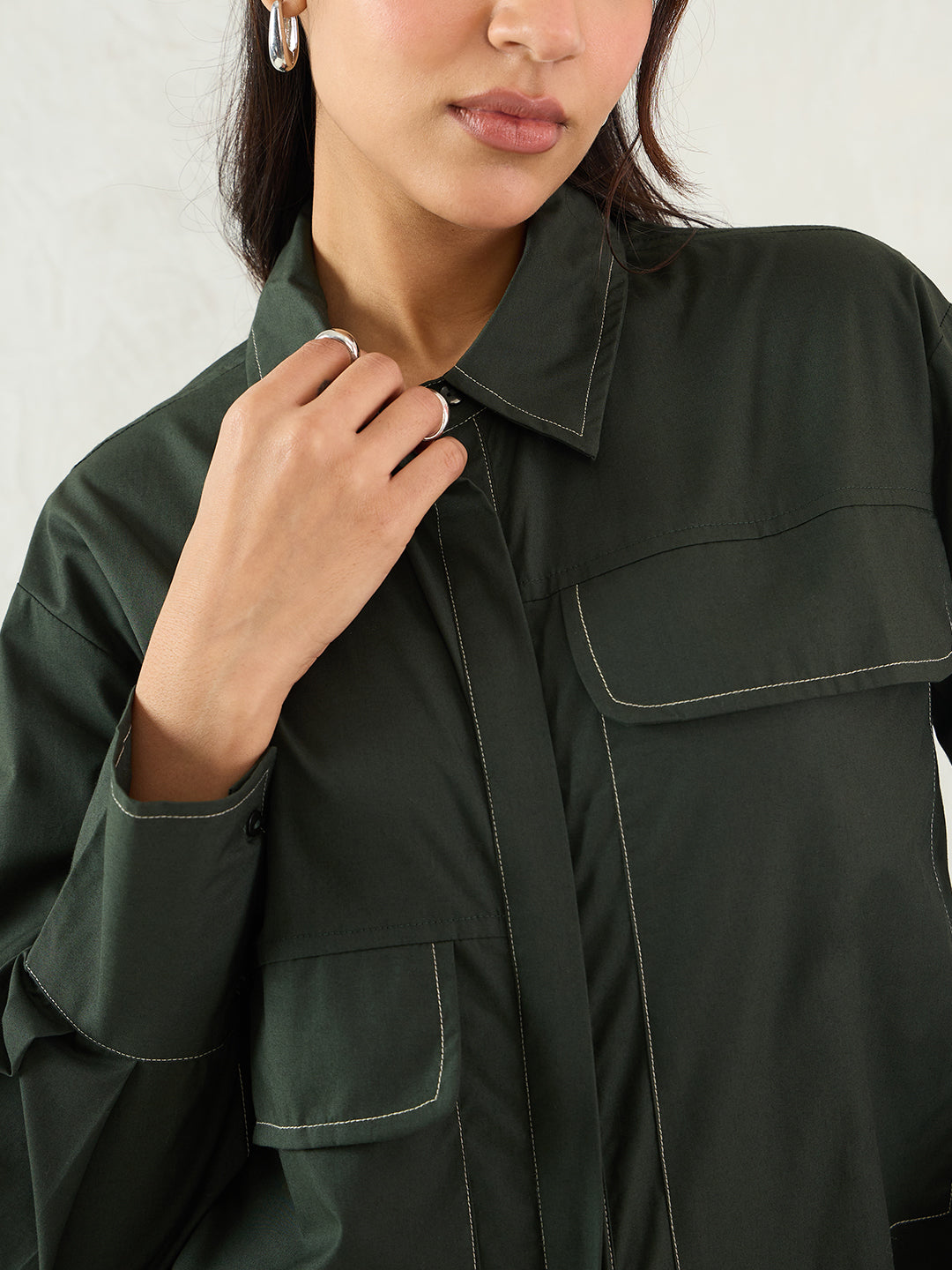 Olive Stitch Detailing Poplin Shirt