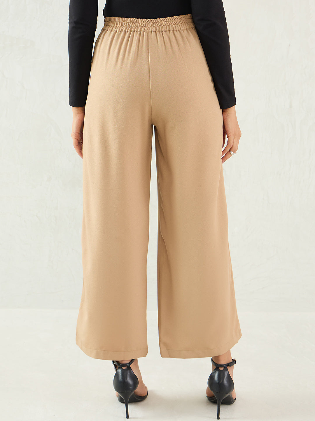 Beige Pleat Detail Wide-leg Pants