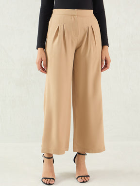 Beige Pleat Detail Wide-leg Pants