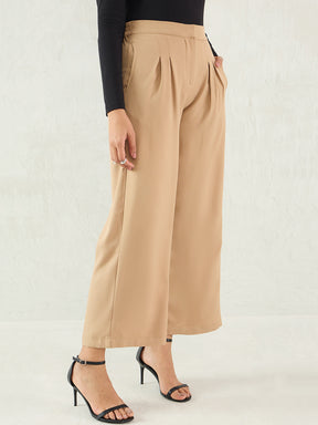 Beige Pleat Detail Wide-leg Pants