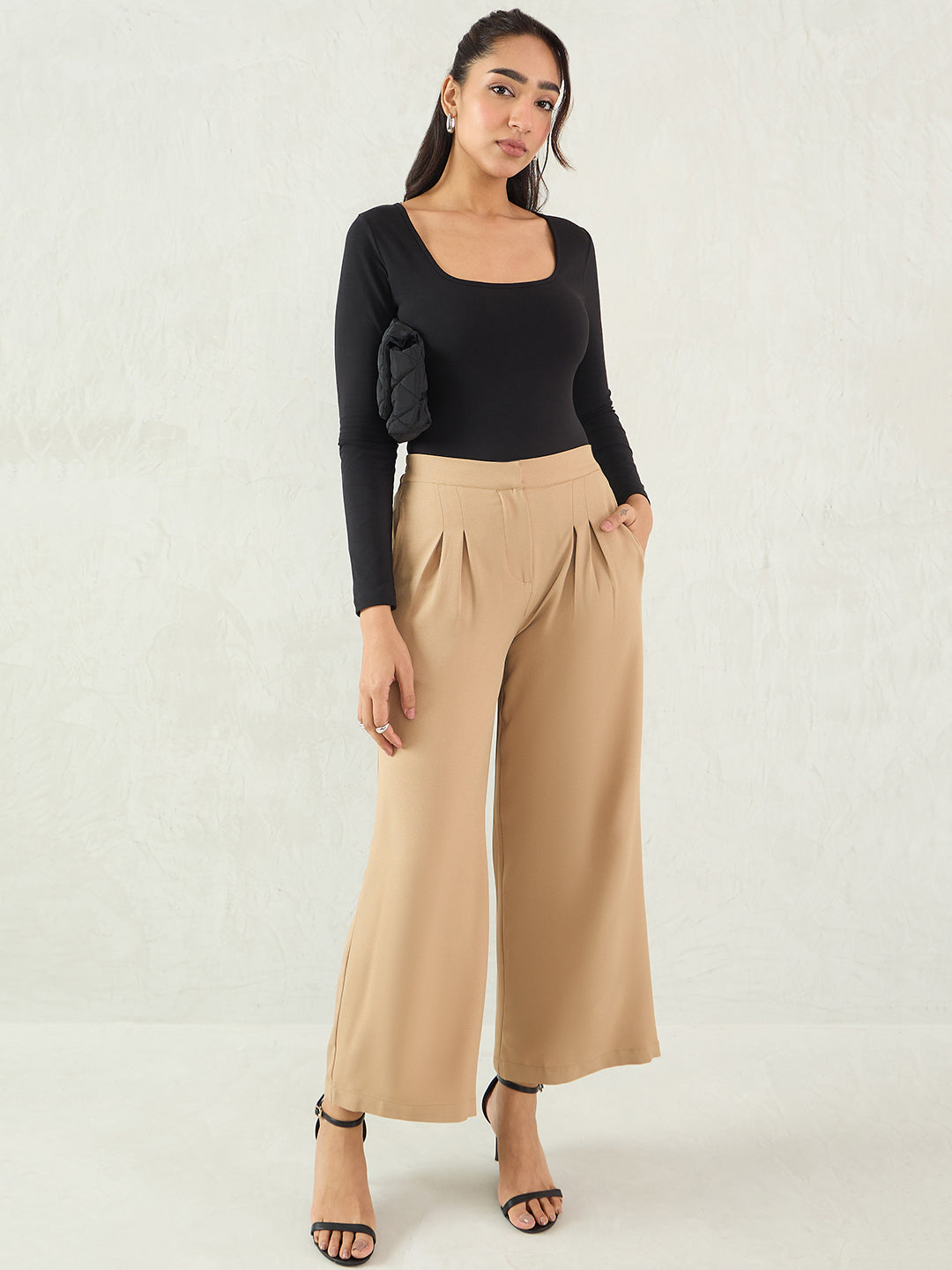 Beige Pleat Detail Wide-leg Pants