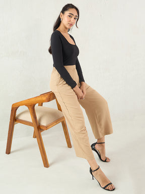 Beige Pleat Detail Wide-leg Pants