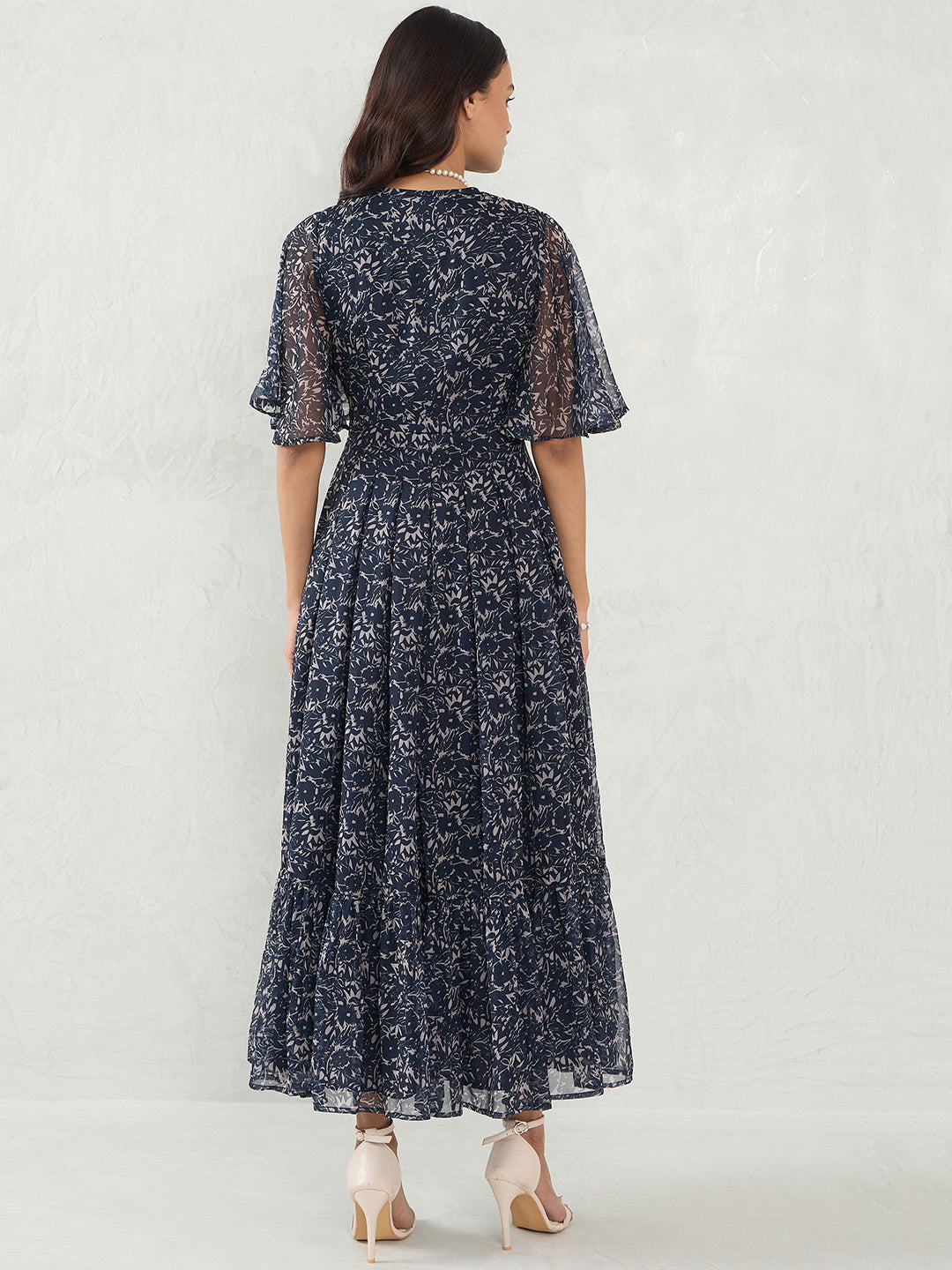 Navy Floral Print Wrap Maxi Dress