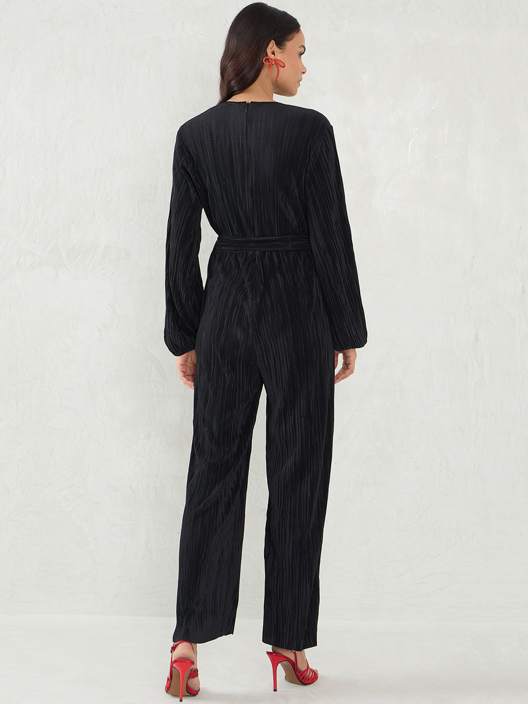 Black Plisse Wrap Jumpsuit