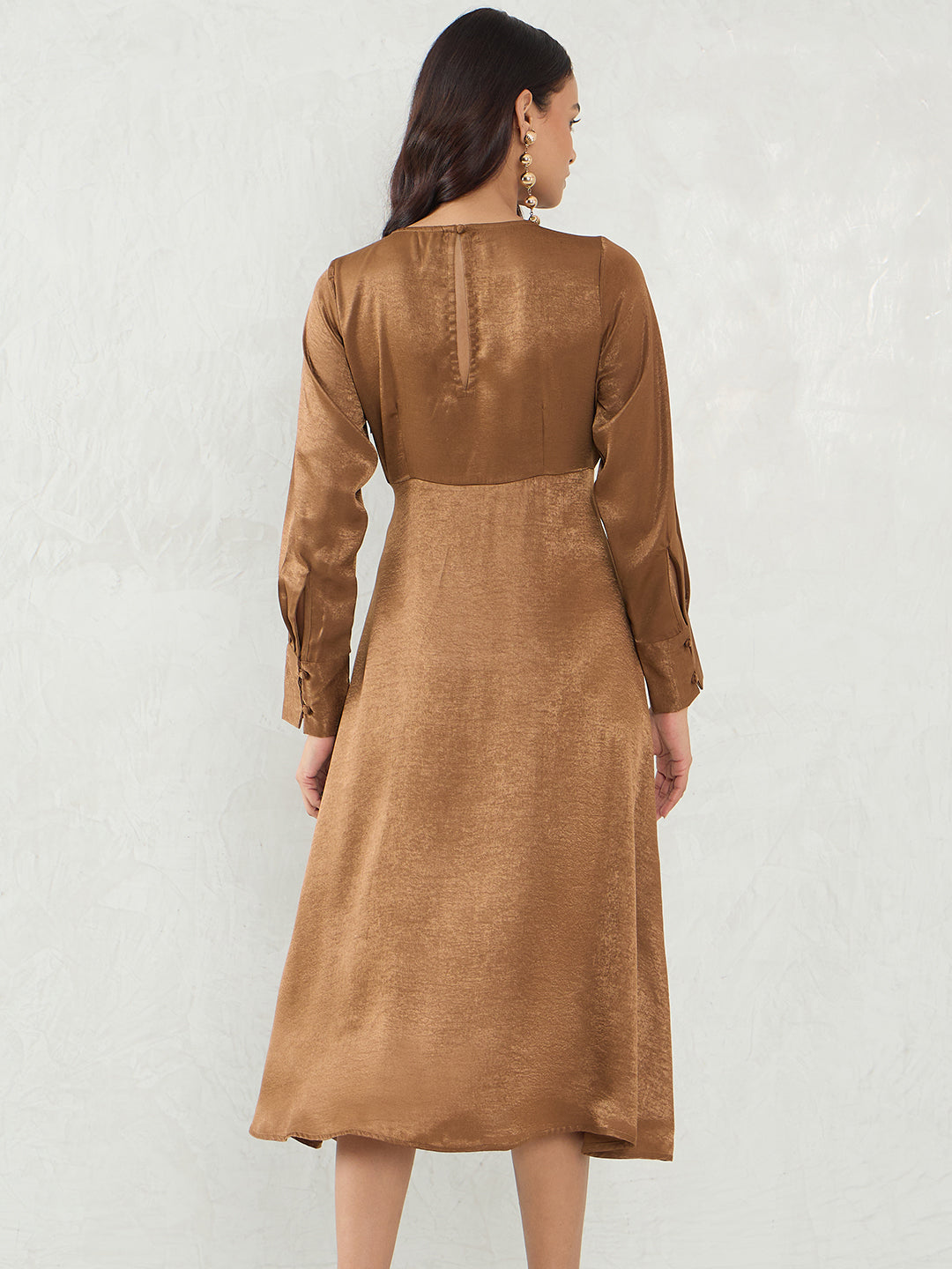 Brown Satin Wrap Midi Dress